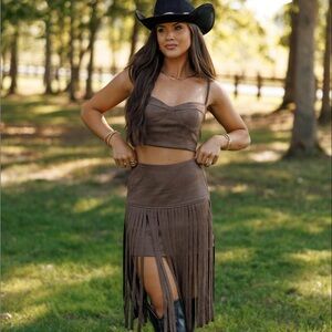 Elegant Fringe Skirt Set in Brown